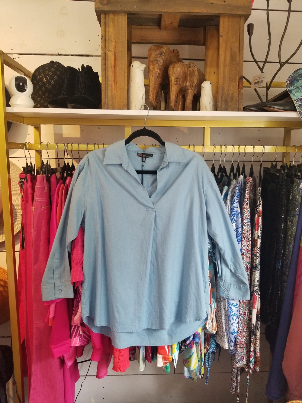 Relaxed Light Blue Button-Down Shirt with V-Neck Collar